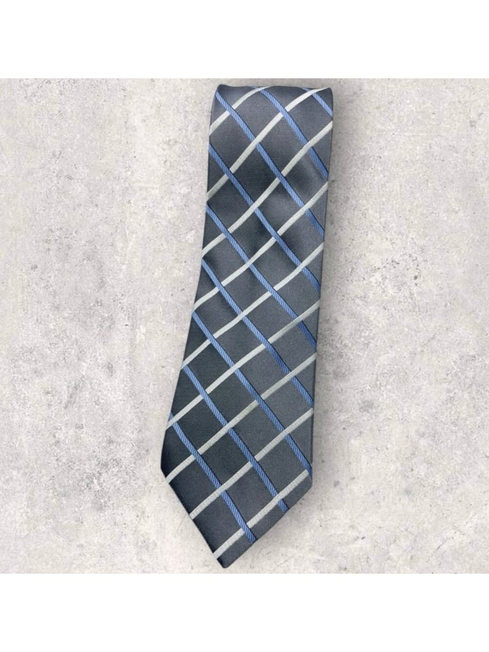 DONALD J. TRUMP Silk Tie Gray Blue White Tartan W:4" EUC
